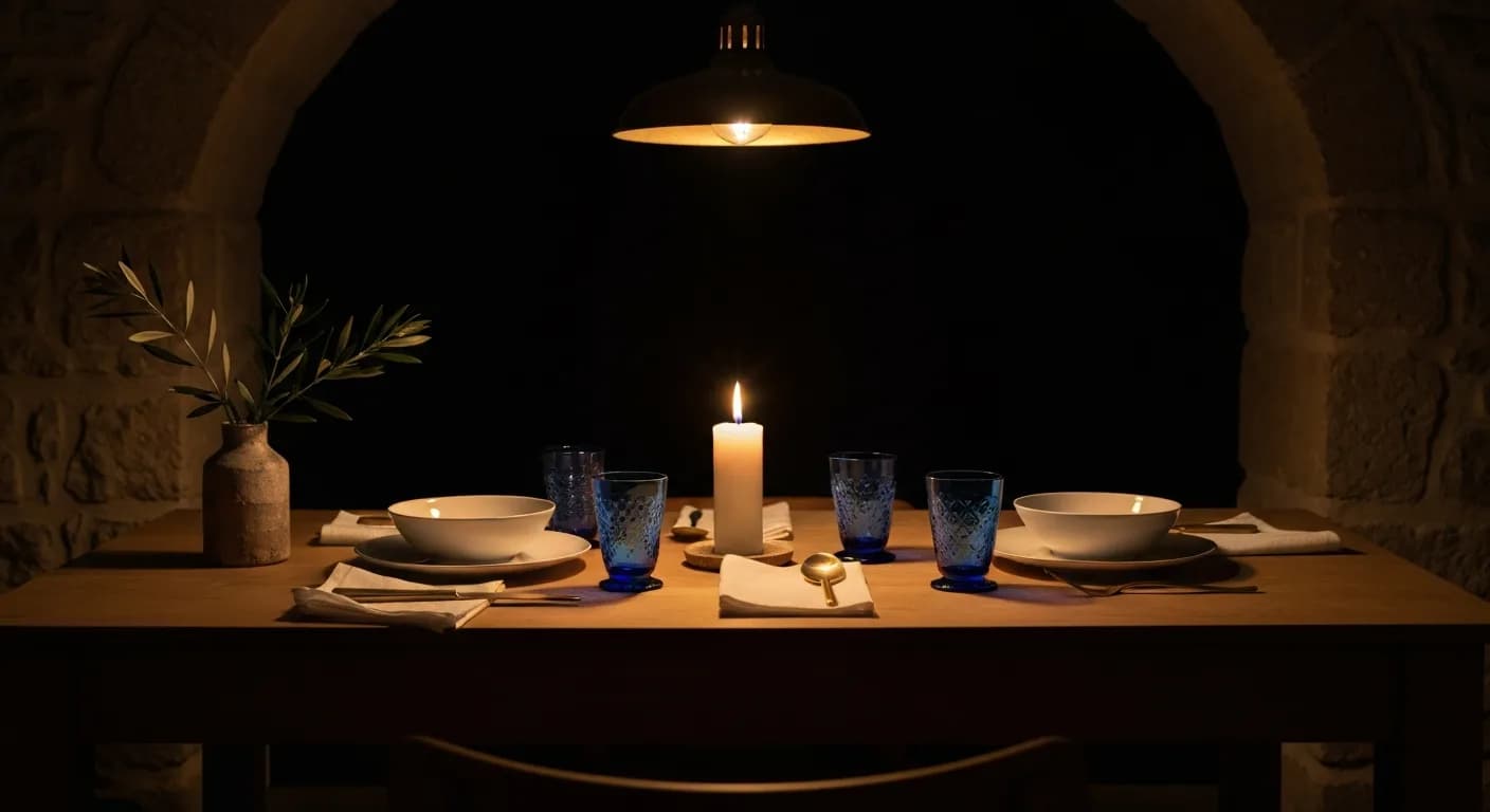 Table dressée du soir, lumière de chandelle