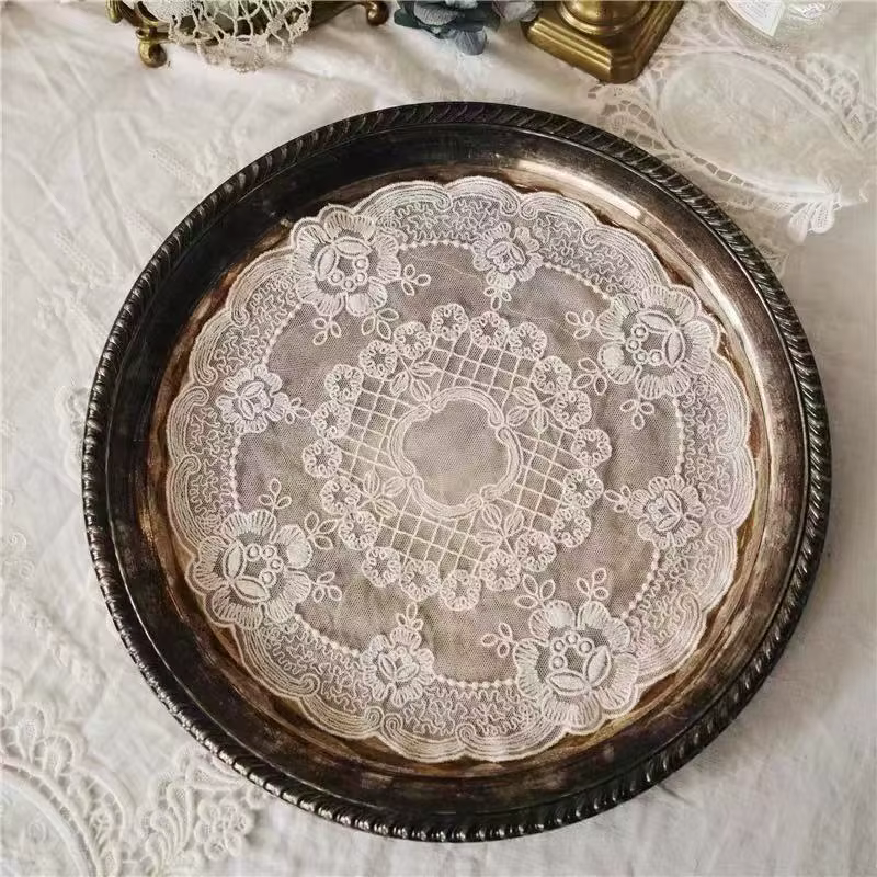 Napperon brodé en dentelle française ronde, napperon, sous-verre, fruits, collation, gâteau, tasse,