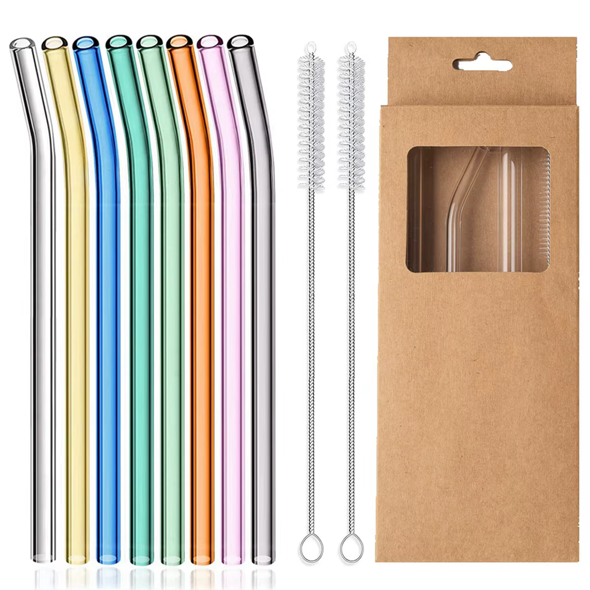 Pailles en verre réutilisables, droites et courbées, 8 couleurs, 8mm, cuillère à soupe, pour boisson