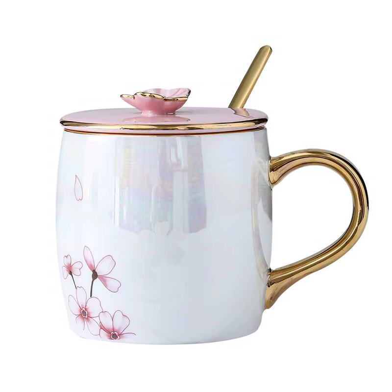 Tasses en céramique sans fleur avec couvercle, cuillère en or, porcelaine, café, lait, verres de pet