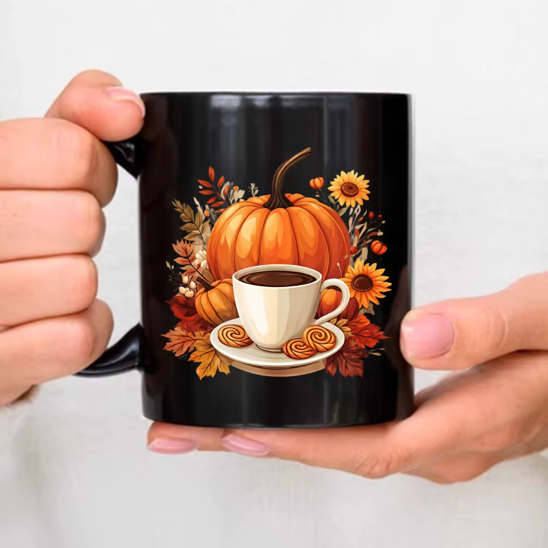 Tasse à café en céramique avec motif de citrouille noire et de fleurs d'automne, adaptée au café d'a