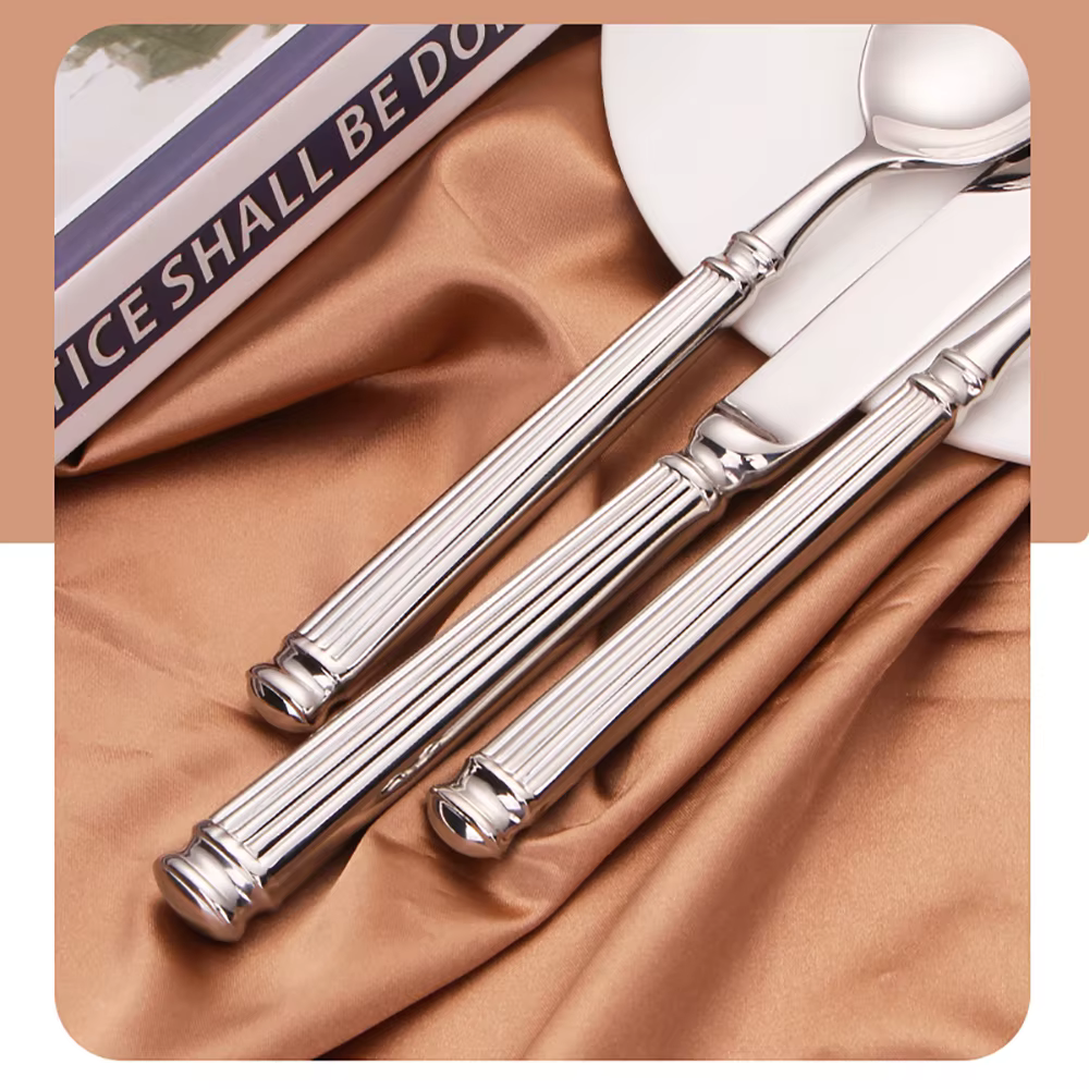 Ensemble de Couverts Occidentaux en Argent, Élégant, à Poignée Rayée, en Acier Inoxydable 304, Coute