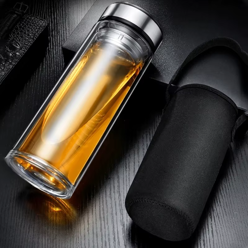Bouteilles de thé en verre étanches avec infuseur, bouteille à Double paroi en acier inoxydable, tas