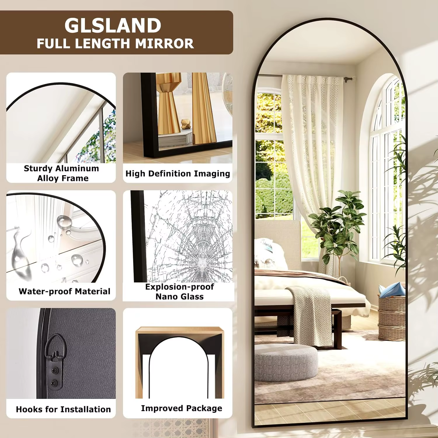 Miroir pleine longueur arqué 26" x 71" - Miroir complet - Miroirs de sol extra larges pour chambre, 