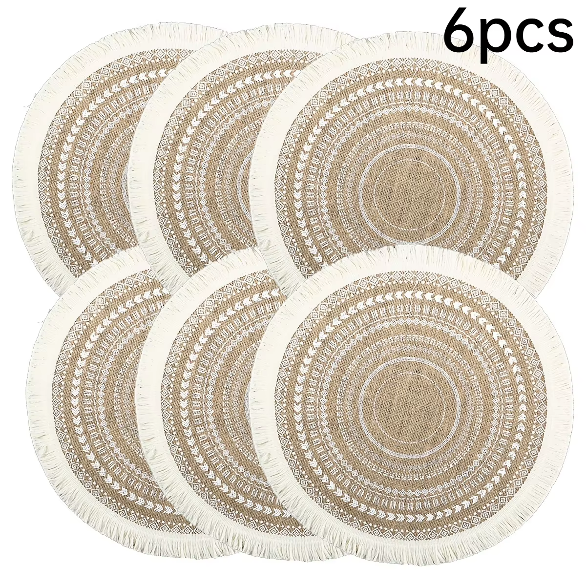 Set de 6 dessous-de-plat bohèmes en polyester tissé, napperons ronds à franges avec motif géométriqu