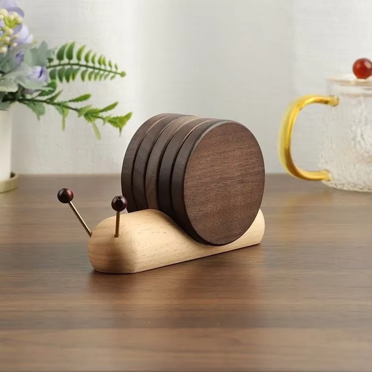 Sous-verres d'escargot en bois massif avec Base antidérapante, ensemble de dessous de verre décorati