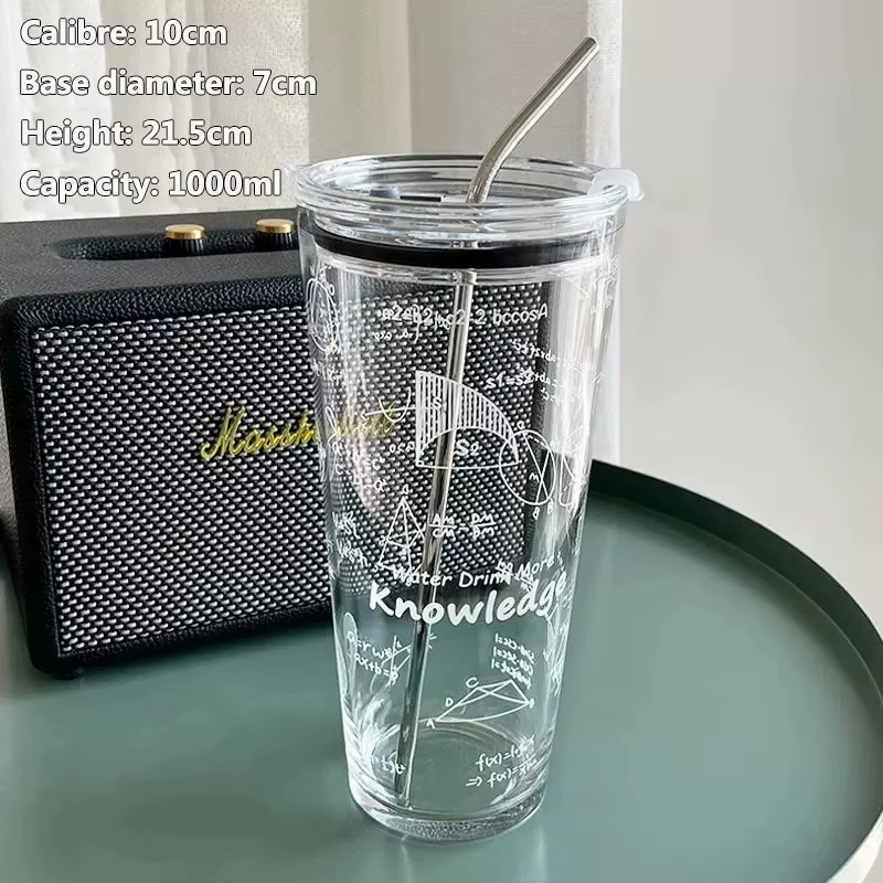 Tasse d'eau en verre de 1000ML, grande capacité, résistante à la température, pour filles, avec couv