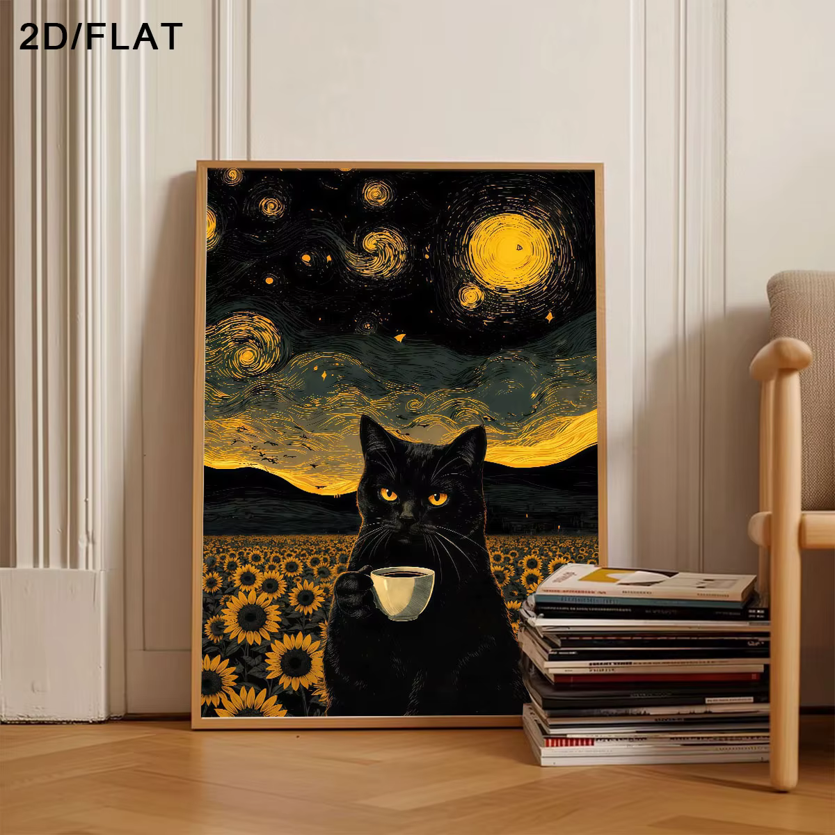 Affiche sur toile moderne abstraite Van Gogh, chat noir buvant du café, art mural sur toile sans cad