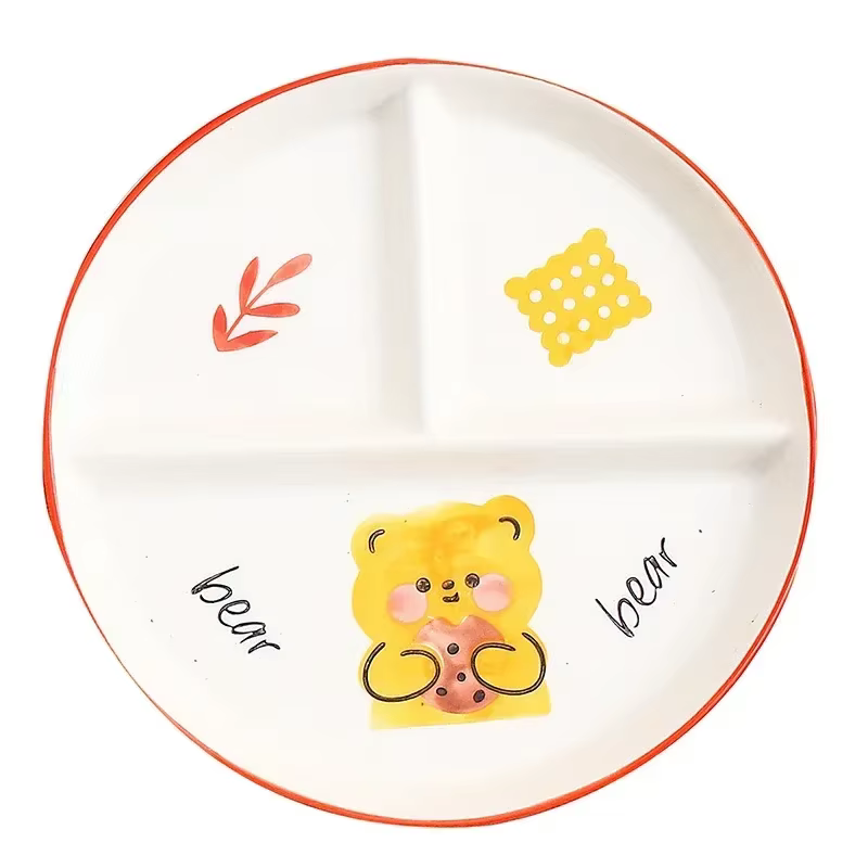 Assiette de service en céramique pour enfants, assiette de grille de dessin animé, assiette de petit