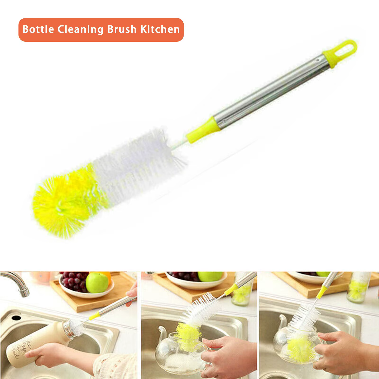 Brosse de nettoyage de bouteilles à tête ronde incurvée, poignée en acier inoxydable, tasse de netto