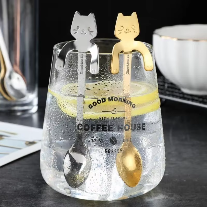 Cuillère à café en acier inoxydable, joli cuillère à café en forme de chat mignon, cuillère à Desser