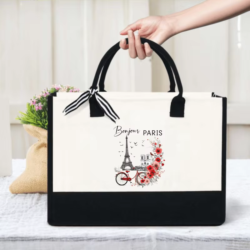 Fourre-tout en toile crème et noire avec "Bonjour Paris", Tour Eiffel, motifs de vélo et de fleurs,