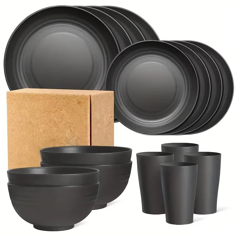 Ensemble de vaisselle incassable, 16 pièces, incassable, 8 assiettes, 4 bols, 4 tasses, micro-ondes,
