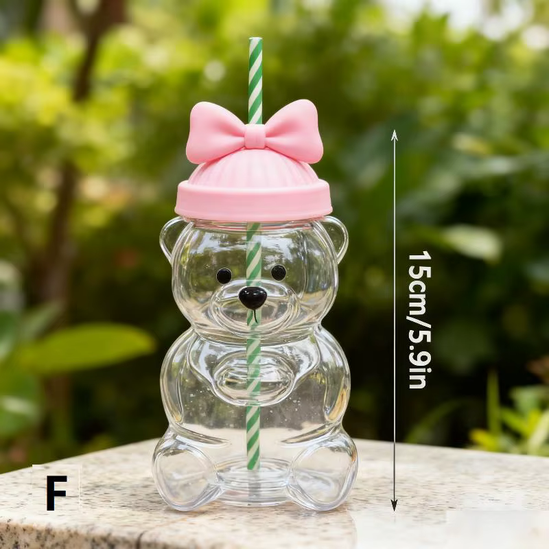Mug à café en forme d'ours de dessin animé, tasse mignonne en plastique avec paille, gobelet transpa