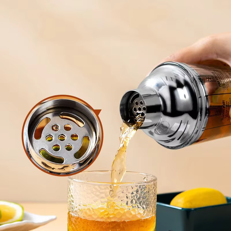 Shaker à Cocktail en verre, tasse à main avec échelles, couvercle et passoire en acier métallique de