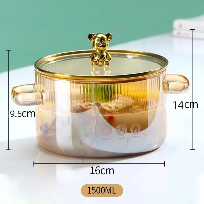 Casserole en verre transparent de 1500ML avec double poignées, marmite à soupe avec couvercle, outil