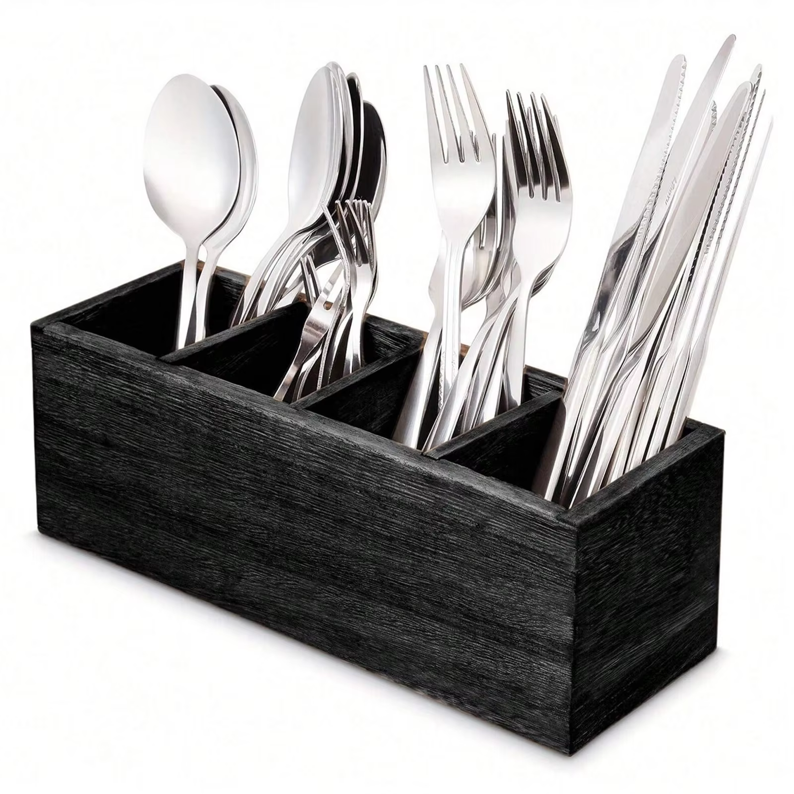 Organisateur de couverts en bois avec 4 compartiments pour ustensiles de cuisine, rangement de couve