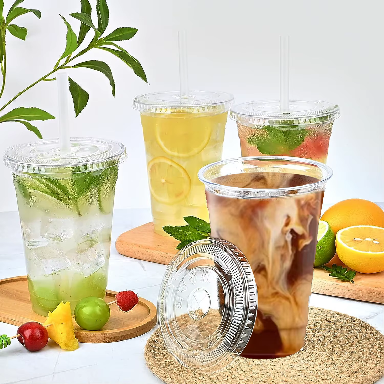 Gobelets en plastique transparent de 16OZ, 50 pièces, couvercles plats, gobelets jetables pour fête