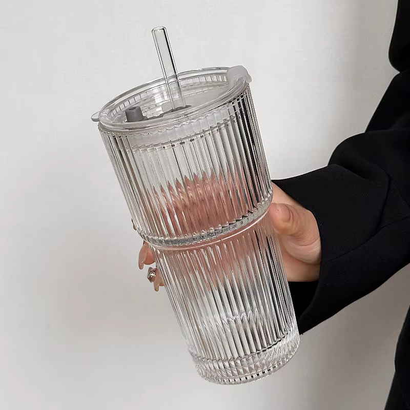 Tasse à café en verre à rayures de grande capacité, avec couvercle, verres à boire transparents en p