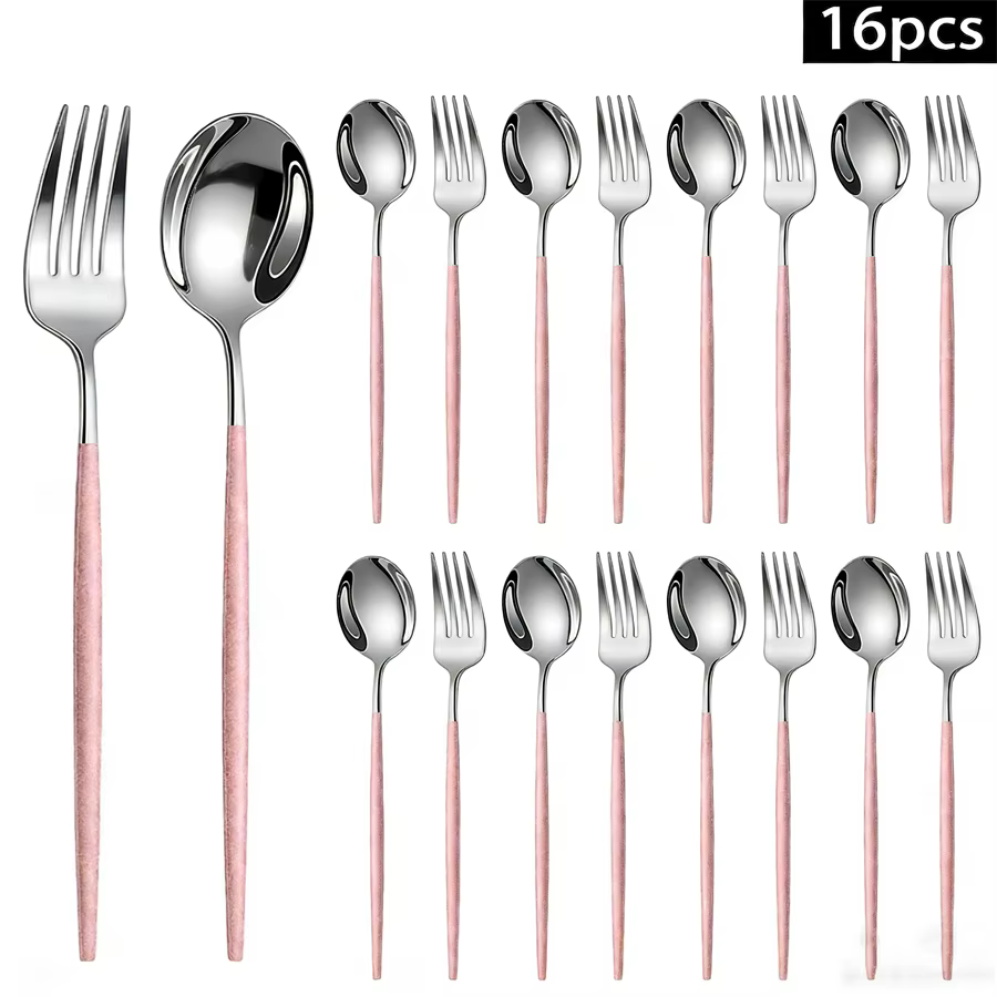 Ensemble de couverts en acier inoxydable de 16 pièces, au design élégant argenté et rose, comprenant