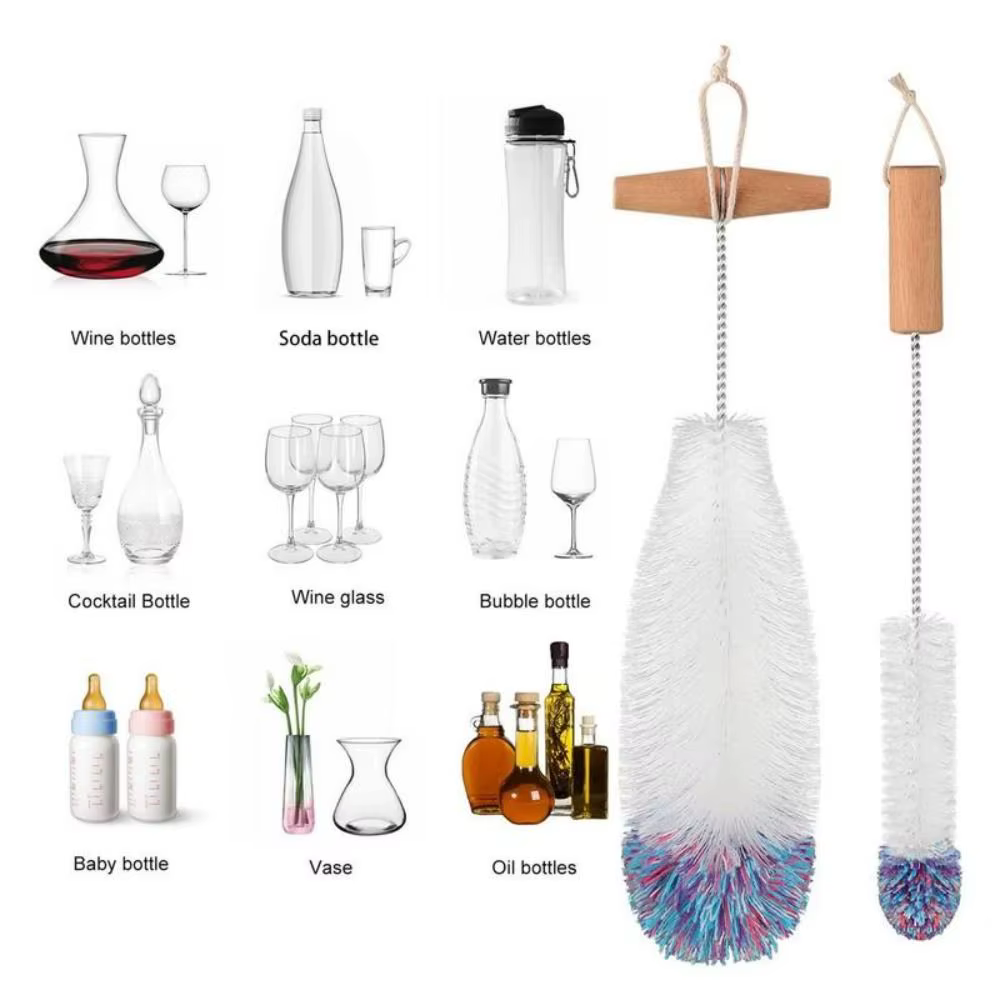 Bouteille en verre à vin avec manche en bois de hêtre, nettoyeur de pots, bouteille de soda, brosse