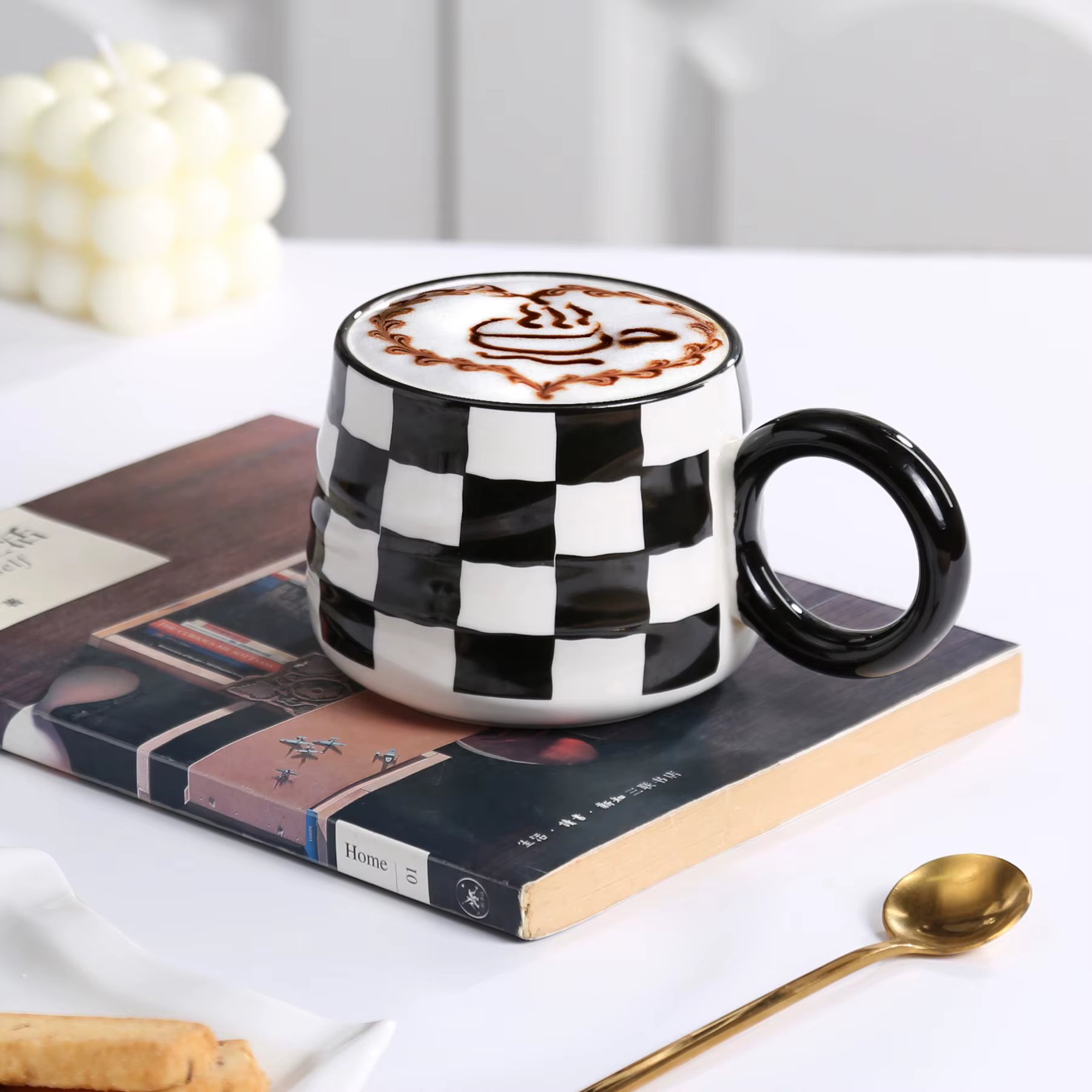 Tasse à café créative en céramique, noir et blanc, Couple, échiquier de maison, Latte, tasse de café