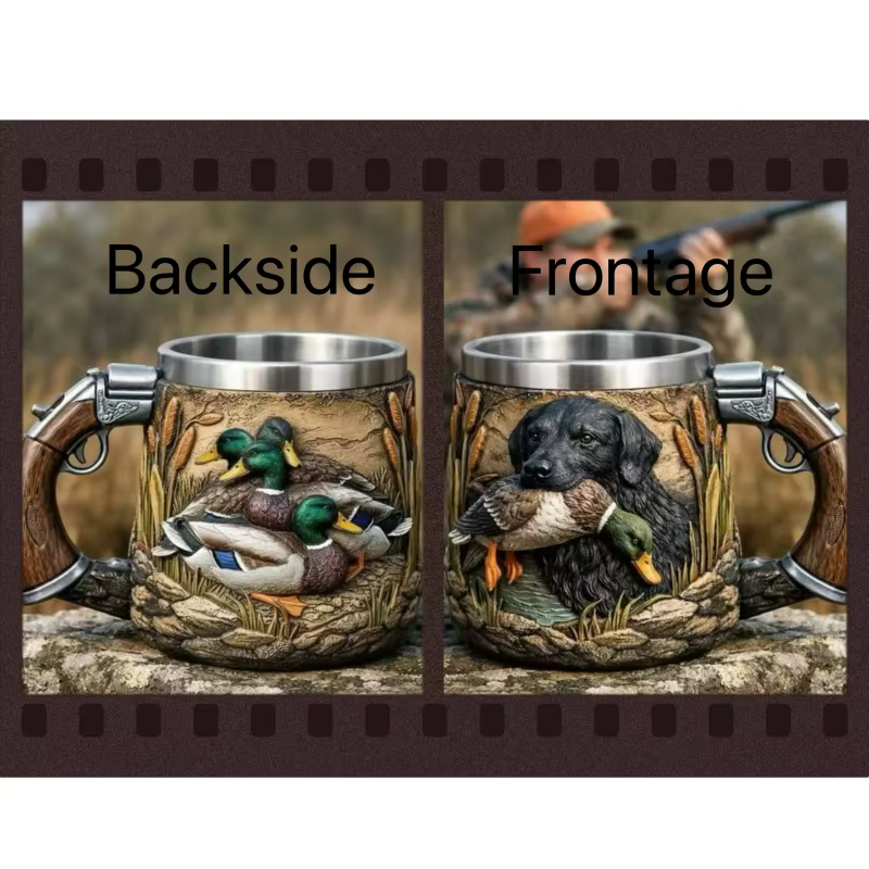 Chope à bière en acier inoxydable à double paroi, motif chasse 3D en relief (canard et chien), pour 