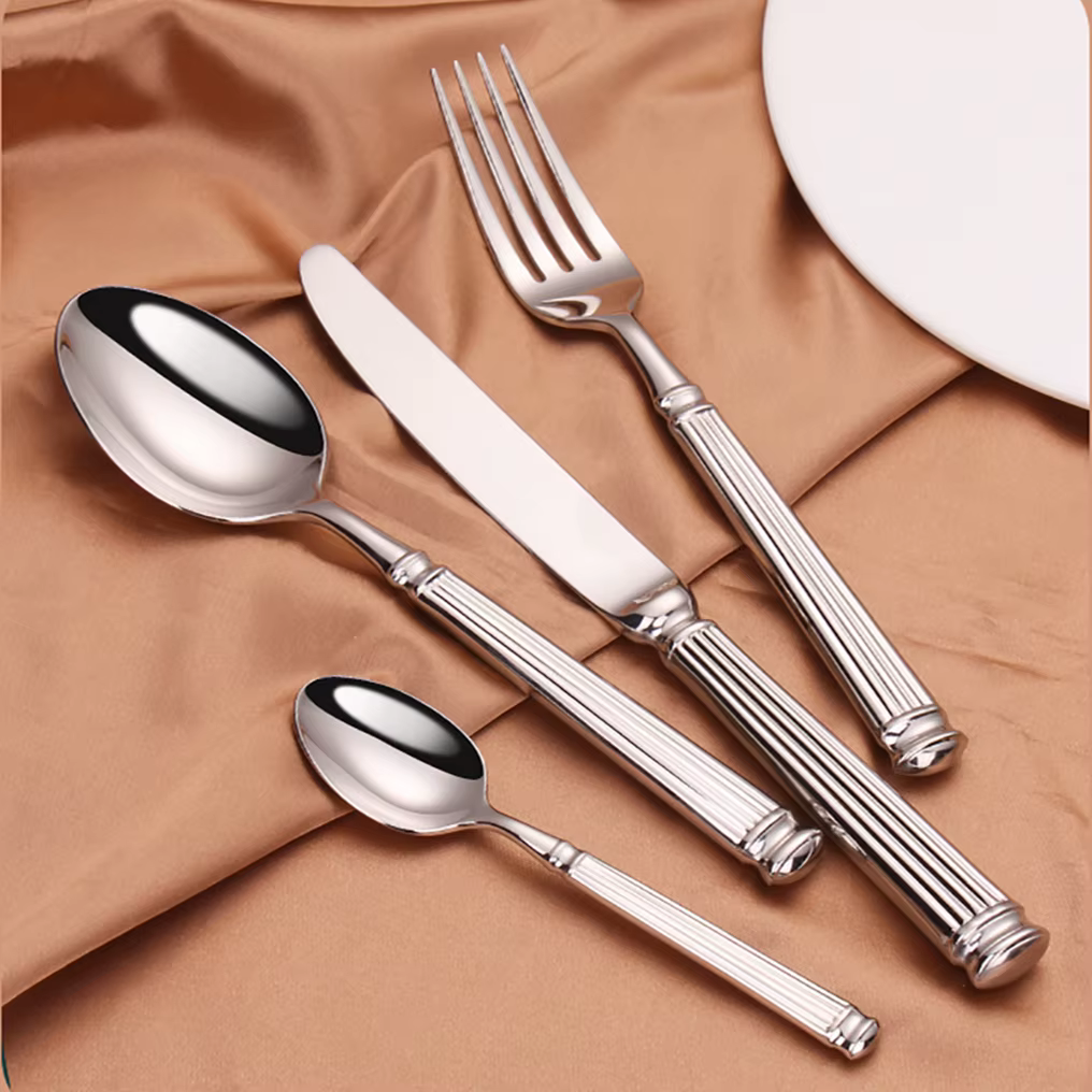 Ensemble de Couverts Occidentaux en Argent, Élégant, à Poignée Rayée, en Acier Inoxydable 304, Coute