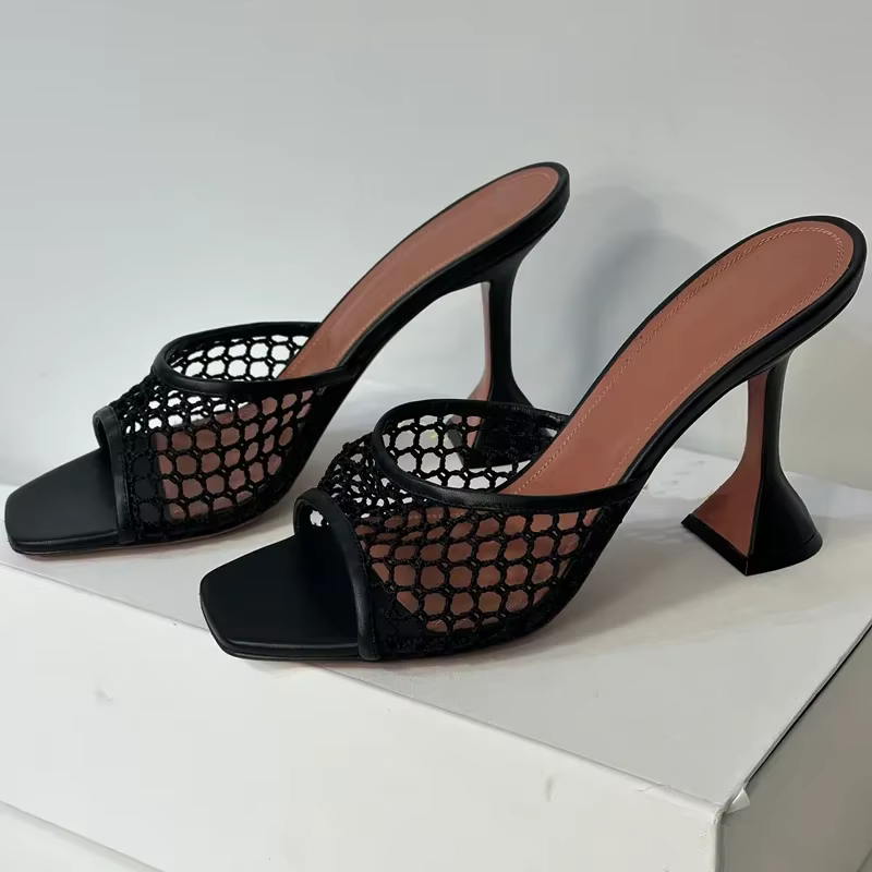Pantoufles tissées à talons en verre de vin, chaussures modernes Sexy à bout carré ajouré, à enfiler