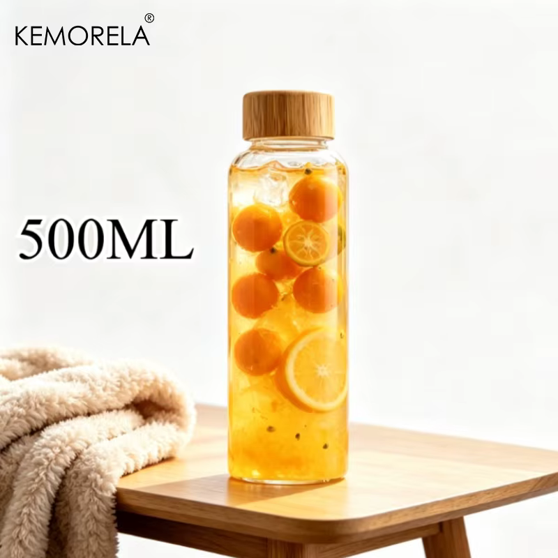 1 bouteille en verre borosilicate avec couvercles en bambou, réutilisable, anti-fuite et résistante