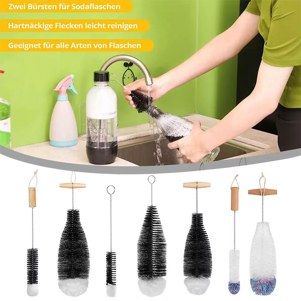 Bouteille en verre à vin avec manche en bois de hêtre, nettoyeur de pots, bouteille de soda, brosse
