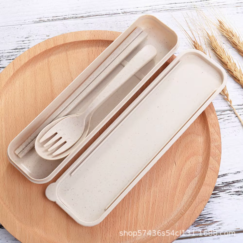 Ensemble de couverts en plastique avec boîte de rangement, fourchette et baguettes, cuillère portabl