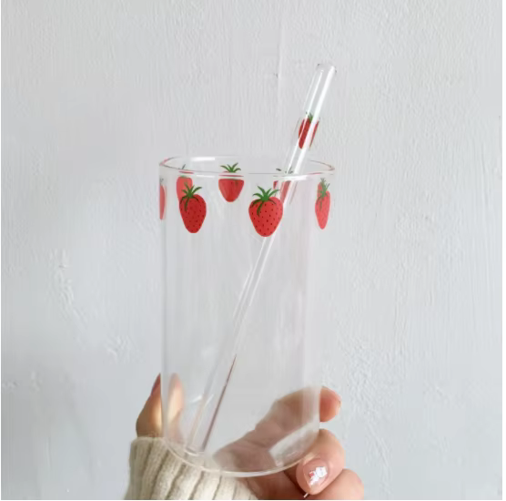 Tasse en verre mignonne à fraises de 300ml, avec paille, tasse d'eau transparente créative, lait d'é