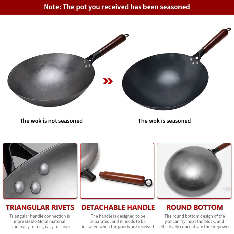 Wok traditionnel en fer, Woks sans revêtement forgé à la main pour poêle de cuisine manche en bois W