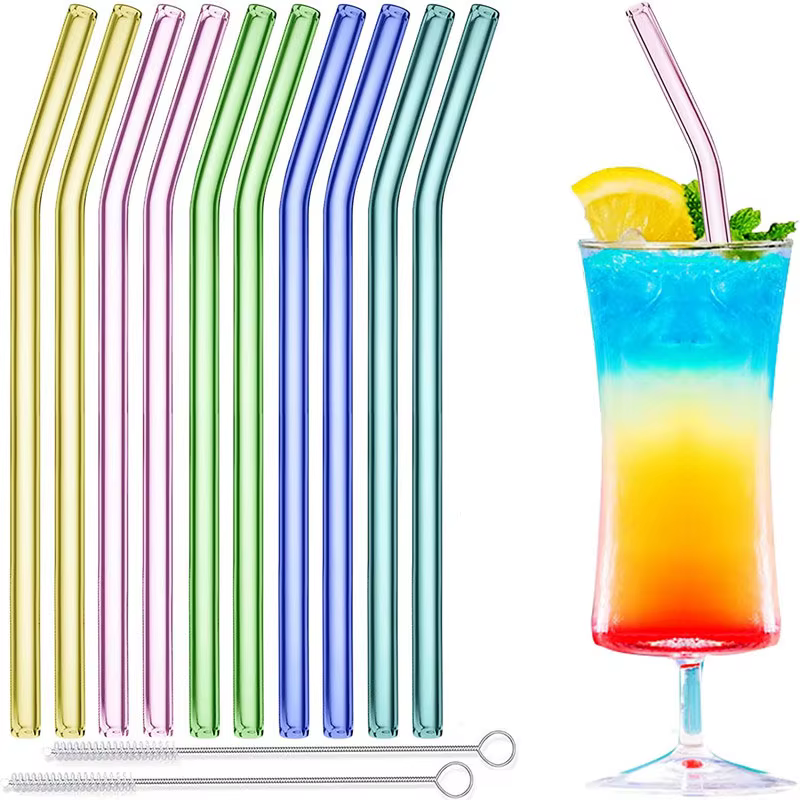 Paille en verre 10 pièces ensemble de paille en verre courbé rose pailles réutilisables de 8 ''200mm