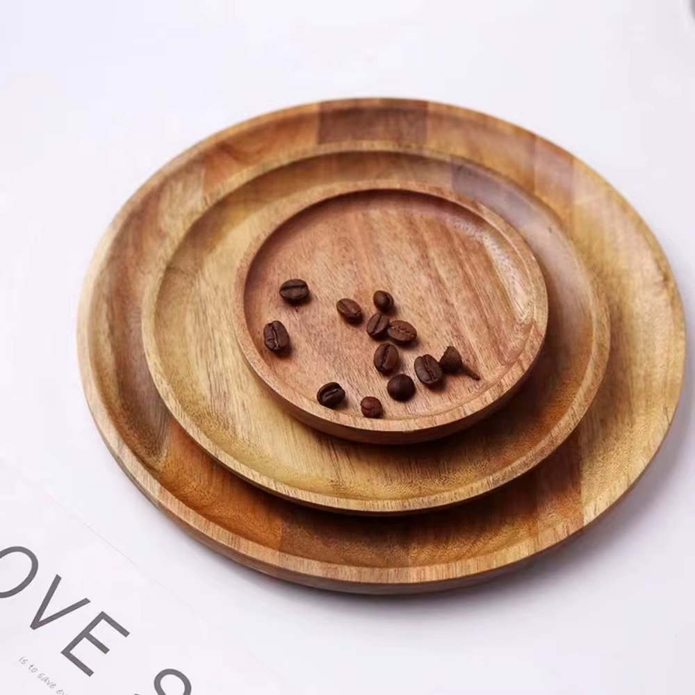Assiette en bois d'acacia, soucoupe en bois, assiette ronde en bois, assiette à thé, assiette à dîne