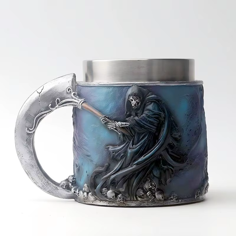 Tasse de la Série Grim Reaper en Acier Inoxydable et Résine, Tasse à Café ou à Bière avec Crâne Goth