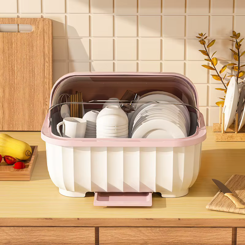 Égouttoir à vaisselle en plastique avec couvercle, support à vaisselle anti-poussière avec plateau d