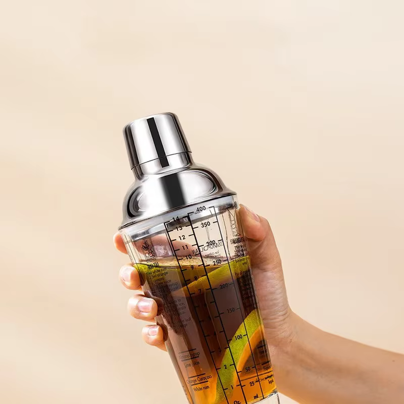 Shaker à Cocktail en verre, tasse à main avec échelles, couvercle et passoire en acier métallique de