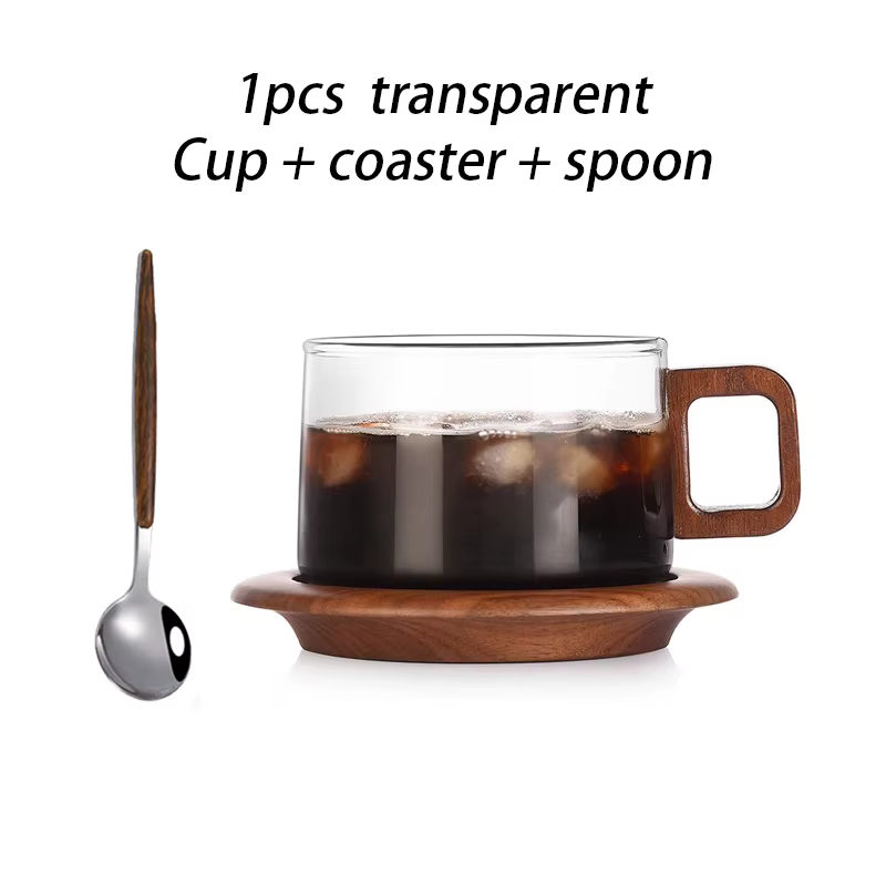 Tasse à café avec manche en bois avec cuillère, tasse à expresso en verre de 200ml avec dessous de v