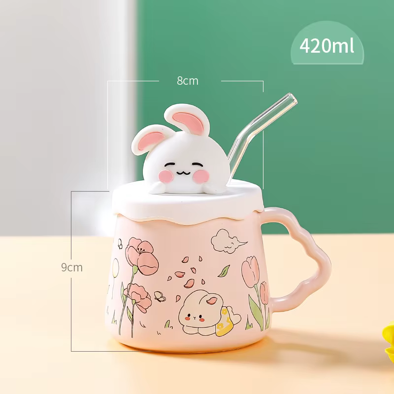 Tasse de lapin mignon de dessin animé avec couvercle, tasse en céramique Kawaii de grande capacité a
