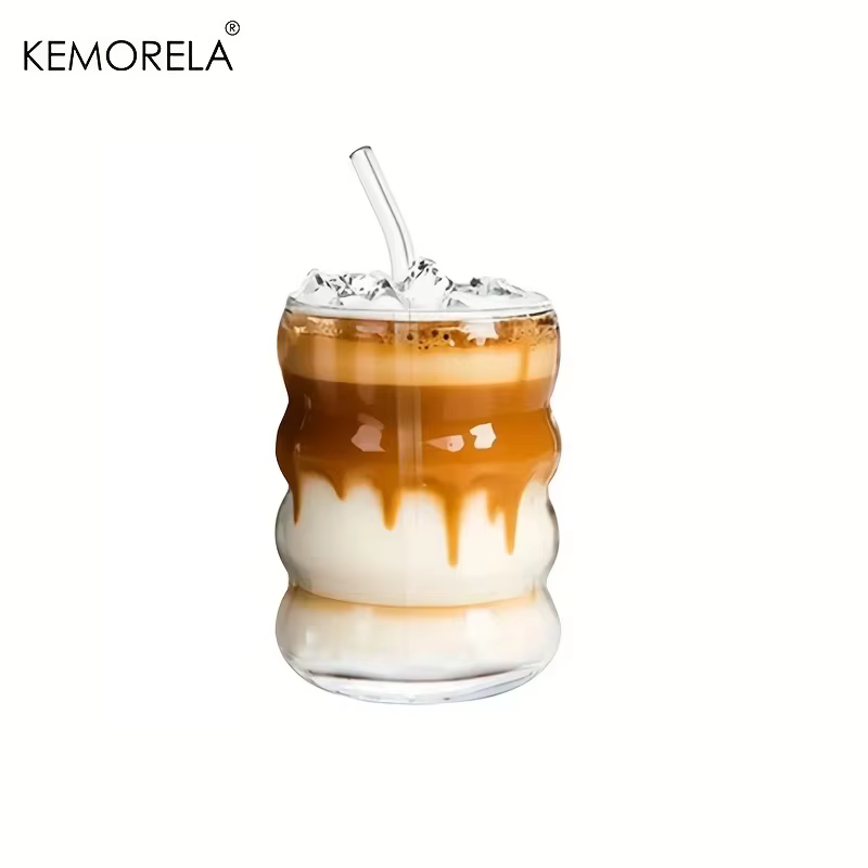 1/2 tasses à café en verre avec pailles, 380 ml, en verre borosilicate haute résistance, forme ondul