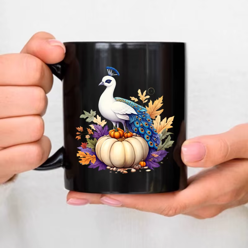 Tasse en céramique, motif de feuille d'automne paon noir et de citrouille, adaptée aux braks de café
