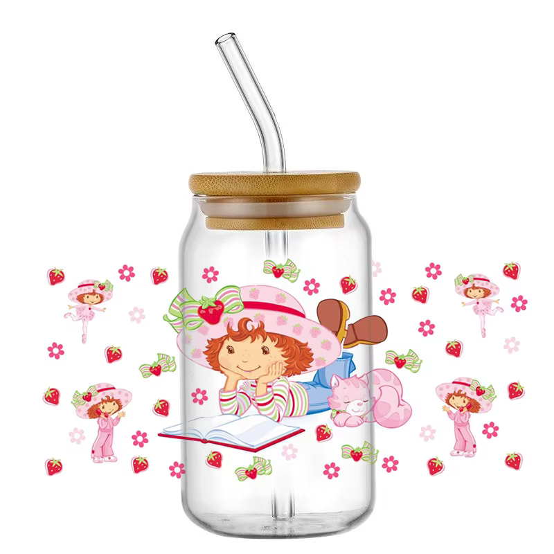 Autocollants UV DTF Fraise Douce pour Filles, Motifs Fruits et Fleurs Mignons pour Bouteilles en Ver