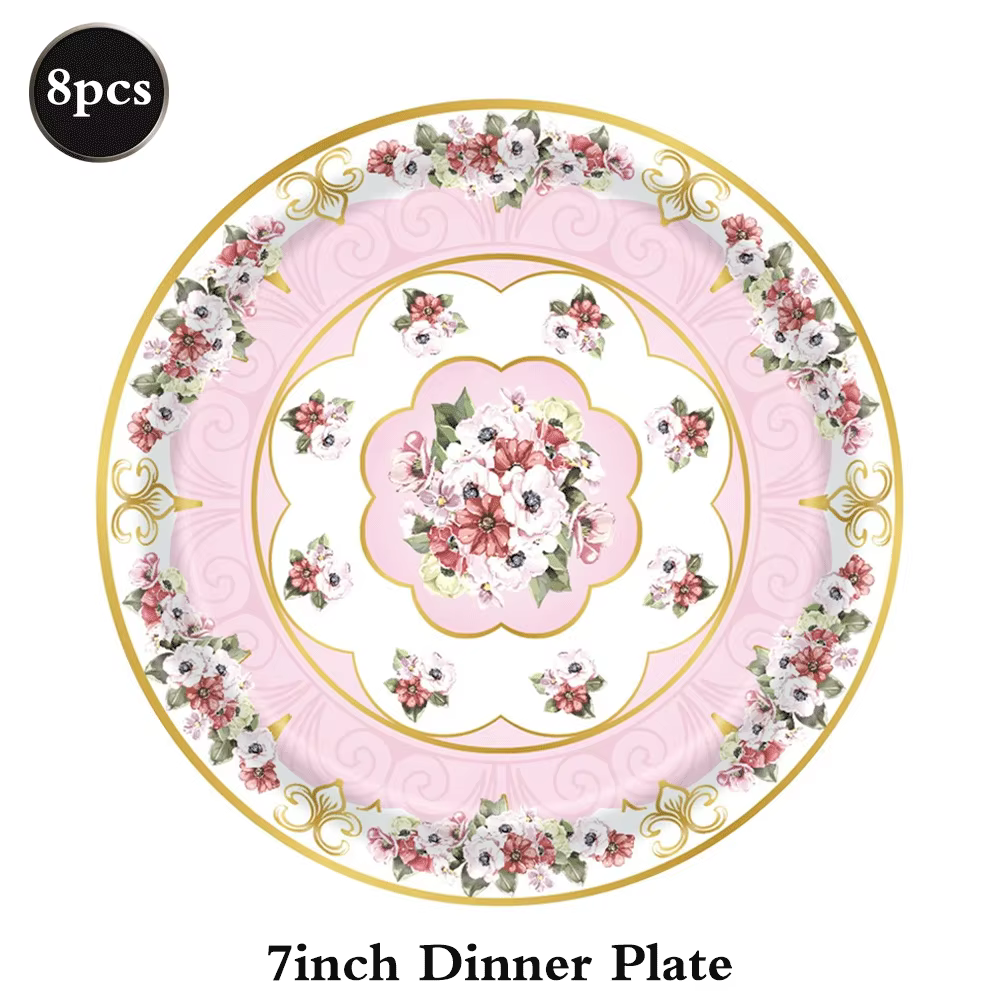 Vaisselle de fête du thé, assiettes en papier fleuries, serviettes, gobelets pour fête du thé d'anni