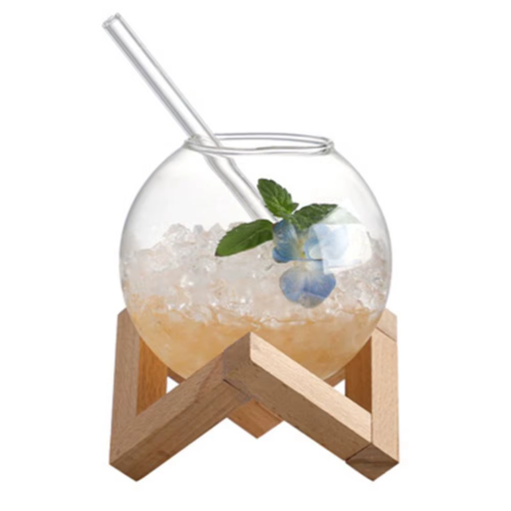 Verre à cocktail sphérique en forme de lune avec support en bois, tasses à café transparentes avec p