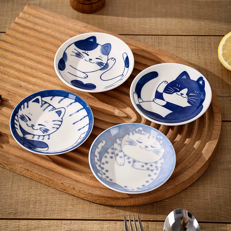 Plat à Sauce à Dessert en céramique de Style japonais, vaisselle créative et mignonne, motif de chat