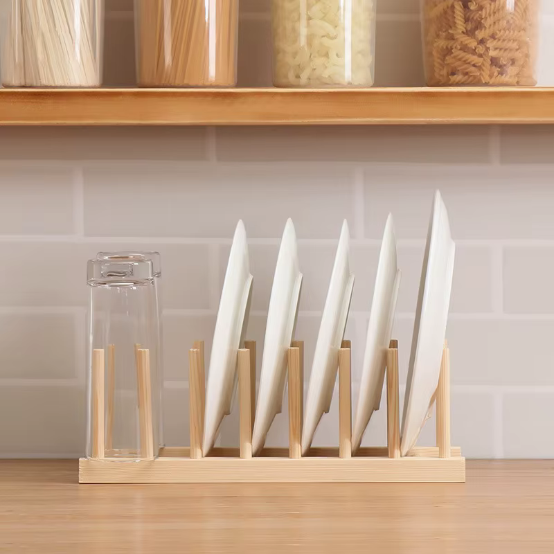 Support de rangement d'assiettes, support à vaisselle multifonctionnel en bois pour tasse, couvercle
