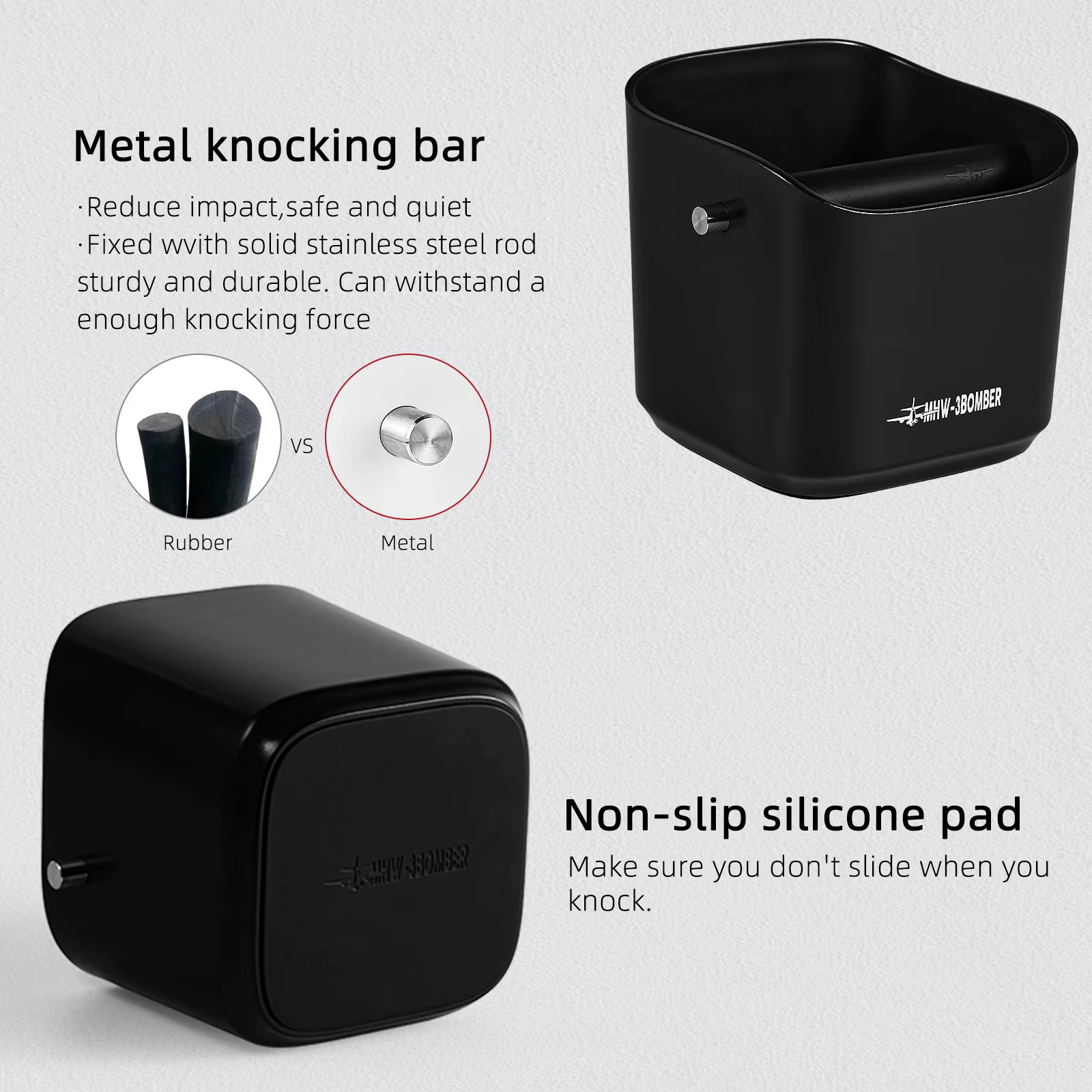 MHW-3BOMBER Square Coffee Grounds Knock Box PerfecKnock Bar et base coordonnante Lavable au lave-vai