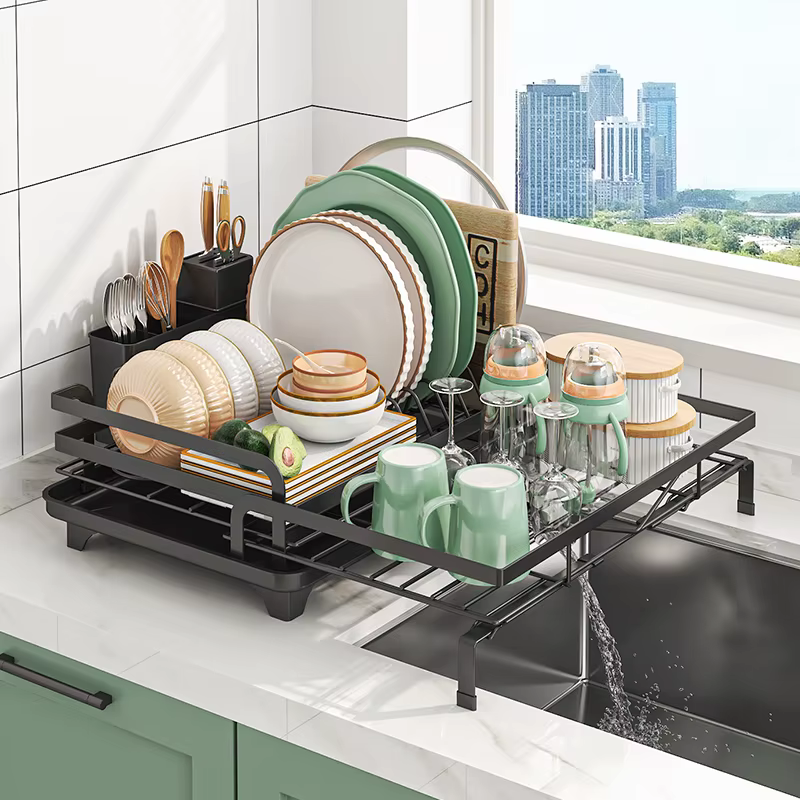Égouttoir à vaisselle extensible avec porte-couverts et bec de drainage pivotant, égouttoir pour com